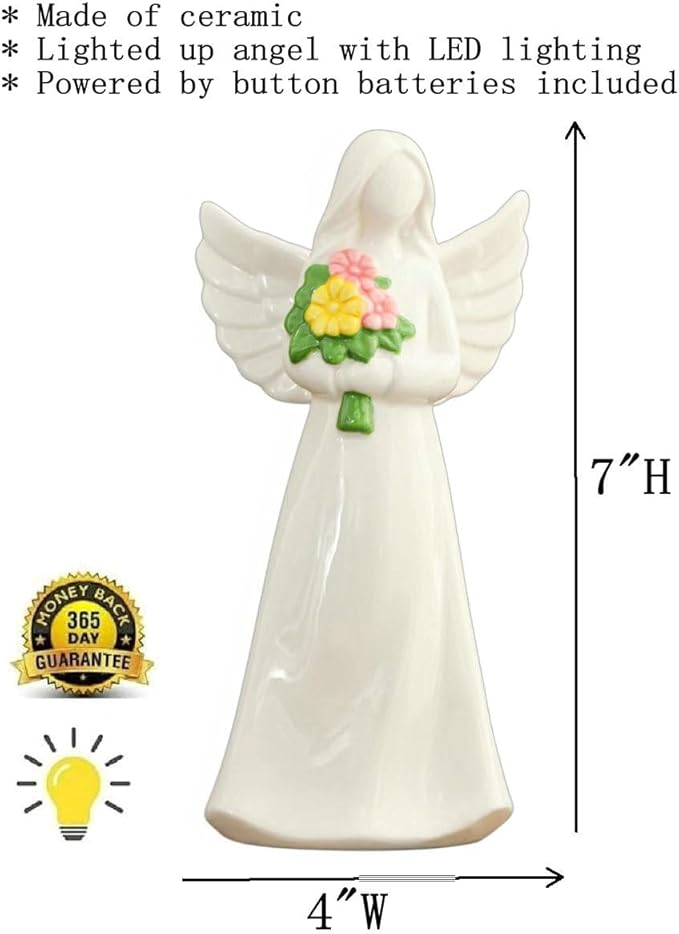 ADAVAS.Y&G Lighted Angel Figurine with Flowers – Ceramic Angel Night Light – LED Memorial Angel Statue – Christian Gift for Women, Mom, Grandma, Sympathy or Mother’s Day