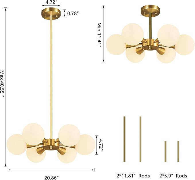 Mid Century Modern Ceiling Light with Milk White Glass lampshade Gold Semi Flush Mount Ceiling Light Fixture Sputnik Chandelier for Bedroom Living Room Dining Room Foyer Hallway(6-Lights)