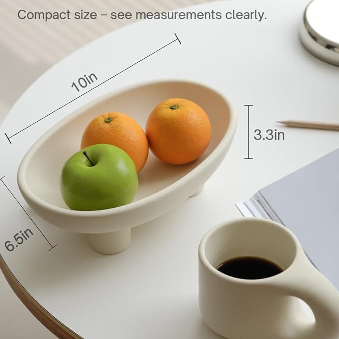 WENSHUO Three-Legs Ceramic Fruit Bowl for Kitchen Counter, Decorative Bowl for Table Décor, 10-inch Oval Large Bowls for Breads (Matte Crème)