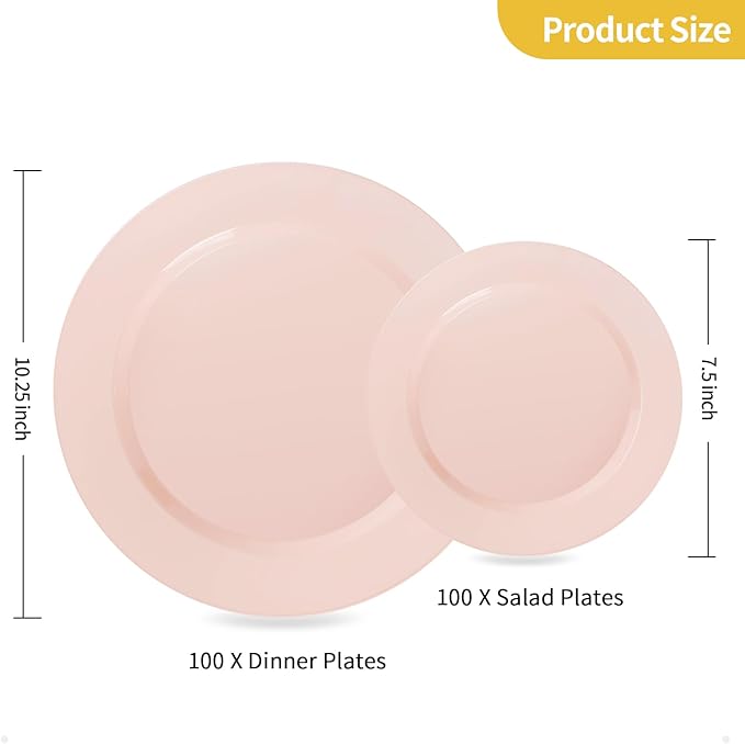 Goodluck 200PCS Disposable Pink Plastic Plates, Heavy Duty Disposable with 100 10.25 inch and 100 7.5 inch Dessert Plates for Party, Wedding, Baby Shower, Valentines