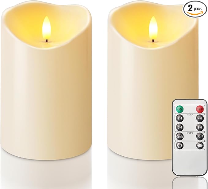 Homemory 4"x6" Outdoor Waterproof Flameless Candles with Timers and Remote Control, Battery Operated Candles, LED Plastic Candles, Dark Ivory, Set of 2