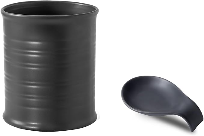 Nihow Kitchen Utensil Holder and Spoon Rest: Ceramic Utensil Holder for Countertop - Stable Utensil Crock for Kitchen Counter Decor - Elegant Matte Black