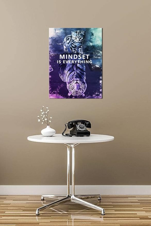 Inspirational Wall Art Posters Big Tiger Pictures Small Cat Canvas Painting Mindset is Everything Print Poster Artwork Wooden Home Decor for Living Room Gym Office Framed Ready to Hang[18" W x 24"H]