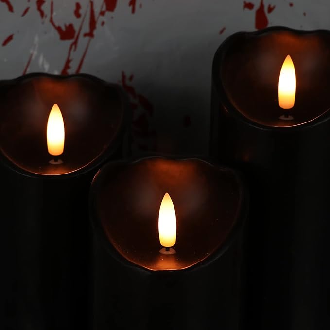 Eldnacele Black Flameless Flickering Candles with 6H Timer, 3D Wick Realistic Battery Operated Real Wax LED Pillar Candles Set of 3 Home Wedding Party Halloween Decoration(D3” x H4”5”6”)