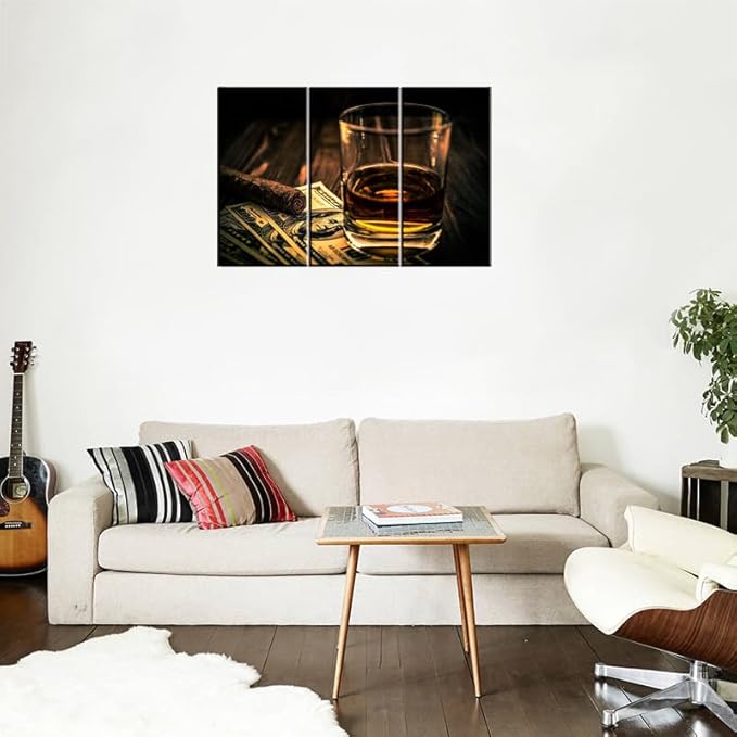 Cigar and Wine Wall Art for Bar, PIY Whiskey Picture Canvas Painting Prints Artwork (Waterproof Home Decor, Bracket Mounted Ready to Hang, 24x36 Large)