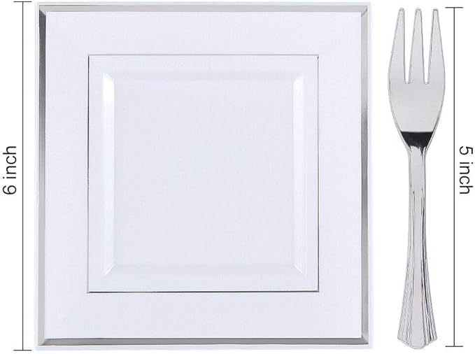 WDF Silver Plastic Dessert Plates with Plastic Forks - 6” 100 Square Disposable Appetizer Plates Small Plates Cake Plates with Silver Rim &100 Small Appetizer Forks for Party/Wedding.