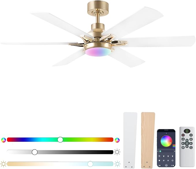 52in Ceiling Fans with Lights RGB Ceiling Fan with Light and Remote/APP Control,Low Profile Ceiling Fans with Lights for Bedroom,Living Room,Kids Room,3CCT Dimmable Modern Ceiling Fan, 8 Speeds,White