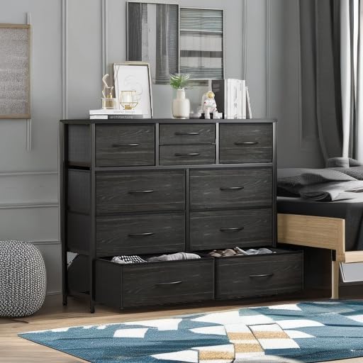 LUMTOK 10-Drawer Dresser, Fabric Dressers Drawers for Bedroom, Hallway, Nursery, Closets, Steel Frame, Wood Top, Easy Pull Handle (Black Wood Veins)