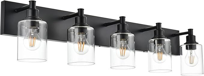 Black Bathroom Light Fixtures Over Mirror, Modern 5-Lights Wall Sconce Lighting with Clear Glass Shade for Vanity Living Room (E26 Bulb Base)
