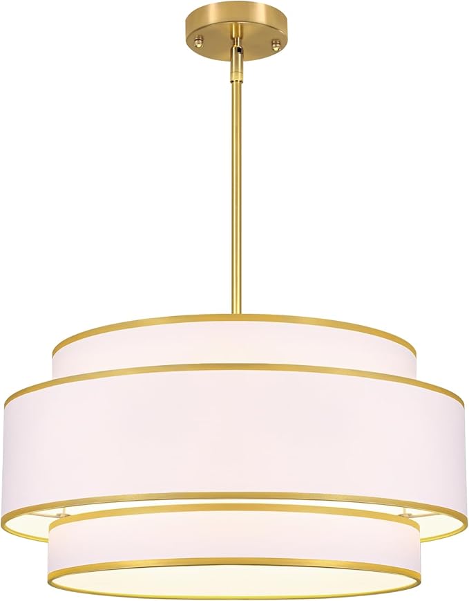 19.7''Drum Chandelier Dining Room Light Fixtures,3-Tier Modern White Fabric Chandelier Brushed Gold Pendant Lights Kitchen Island Lighting, Farmhouse Chandeliers for Living Room Foyer Staircase