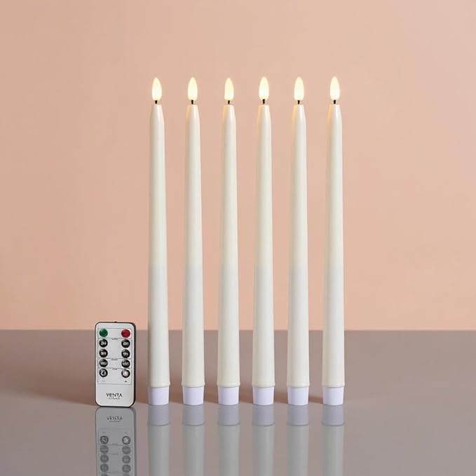 VENTA Set of 6 Flameless Taper Candles with Remote | 14-Inch Ivory LED Candlesticks with Timer | Realistic Flickering Light for Wedding Centerpieces, Dinner Table & Home Decor