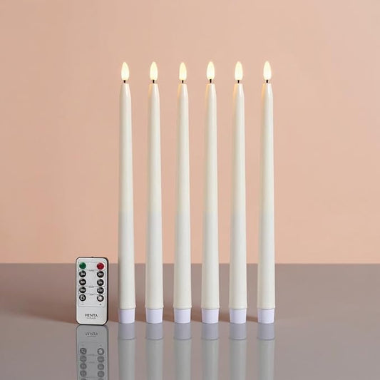 VENTA Set of 6 Flameless Taper Candles with Remote | 14-Inch Ivory LED Candlesticks with Timer | Realistic Flickering Light for Wedding Centerpieces, Dinner Table & Home Decor