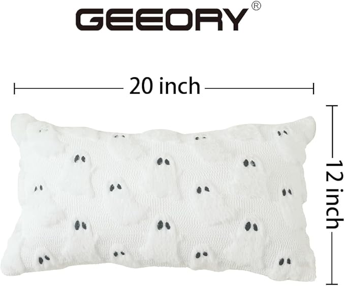 GEEORY Halloween Ghost Soft Plush Pillow Covers, 12 x 20 Inch Set of 2, Fluffy Faux Fur Wool Decorative Farmhouse Cushion Case for Sofa Home Decoration White GC026-12