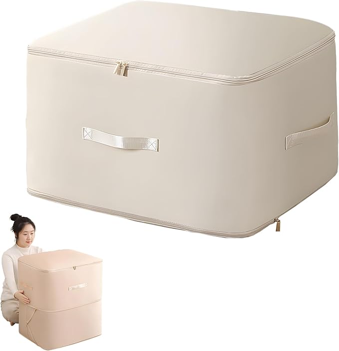 Atlodas Dustproof and Moisture-proof Compression Storage Bag, Ultra Space Saving Self Compression Organizer, Comforter Storage Bag, Folding Organizer bag for Bedding/Quilt, Space Saver (Beige, L)