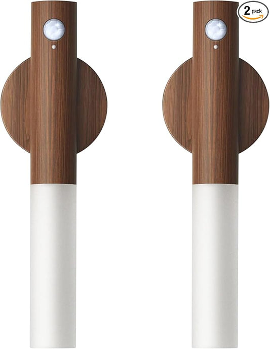 Wooden Motion Sensor Lights Indoor - Magnet Body Hallway Rechargeable LED Wireless Battery Operated Wall Sconce, Portable Decor Torch Night Lighting for Bedroom (Walnut Wood 2PCS)