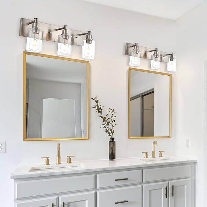 3-Lights Brushed Nickel Wall Sconce, Modern Bathroom Vanity Lights with Clear Glass Shades for Living Room Hallway Dress Table