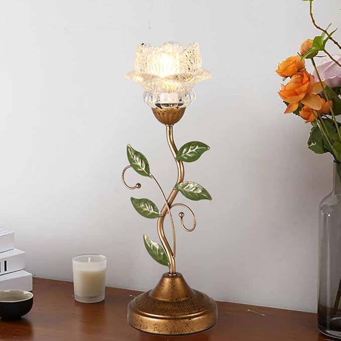 Glass Table Lamp, Antique Flower Decorative Bedside Desk Lamp with Green Leaf, Small Retro Decorative Lamp for Bedroom Living Room Bronze Finish