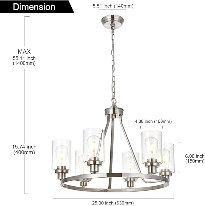 MELUCEE 6 Lights Round Chandelier Brushed Nickel Island Lighting Dining Room Lighting Fixtures Hanging Glass Pendant Light for Kitchen Living Room Bedroom
