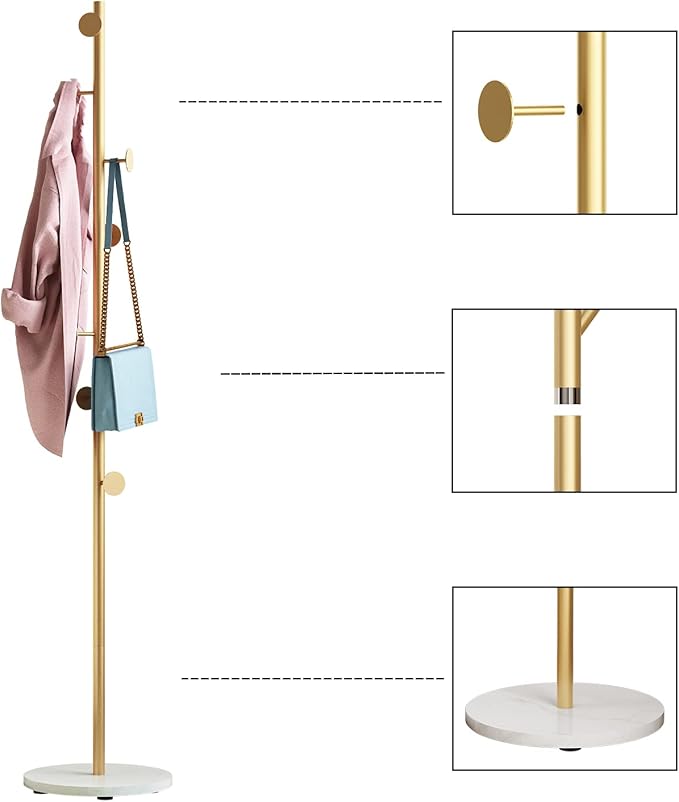Gold Coat Racks, Metal Coat Rack Freestanding with Hooks, Entryway Coat Rack Stand, Coat Racks with Marble Base, Coat Tree for Hanging Clothes, Hats, Bags