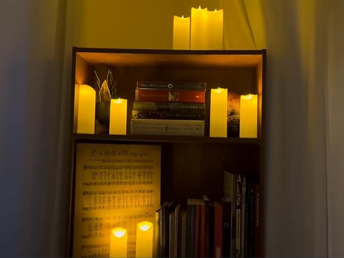 Enido 9 Pc Flickering Flameless LED Candles with Remote Timer for Romantic Ambiance and Home Decoration Battery Operated Pillar with 3D Flame (D: 2.2” x H: 5”, 6”, 7”)