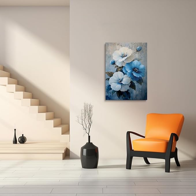 Blue and White Floral Picture Wall Decor Framed Botanical Plant Rustic Flower Canvas Wall Art Modern Pop Prints Poster Western Country Farmhouse Painting for Bathroom Living Room Bedroom (16"x24")