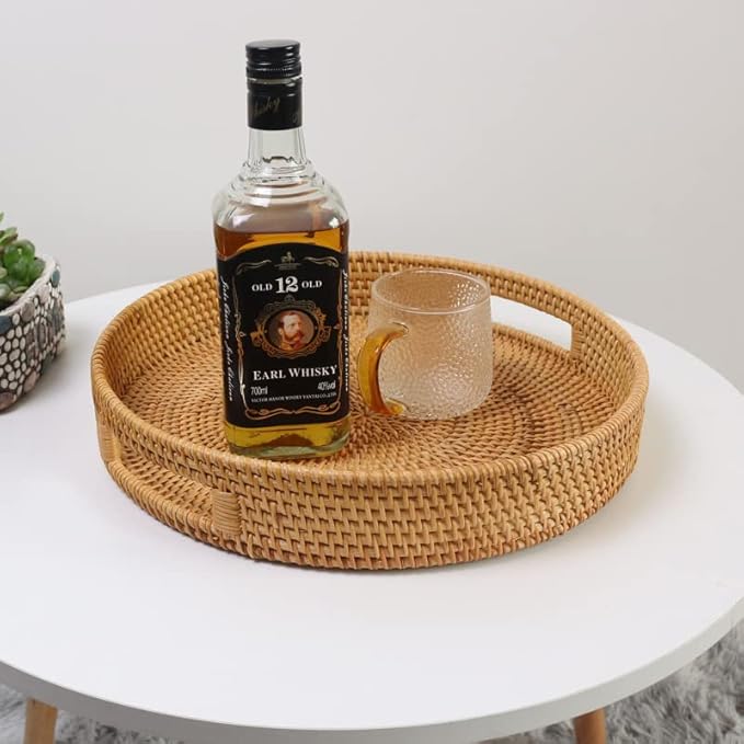 Round Rattan Serving Tray Decorative Woven Ottoman Trays with Handles for Coffee Table Natural (Small 11.8 inch x 2.4 inch)