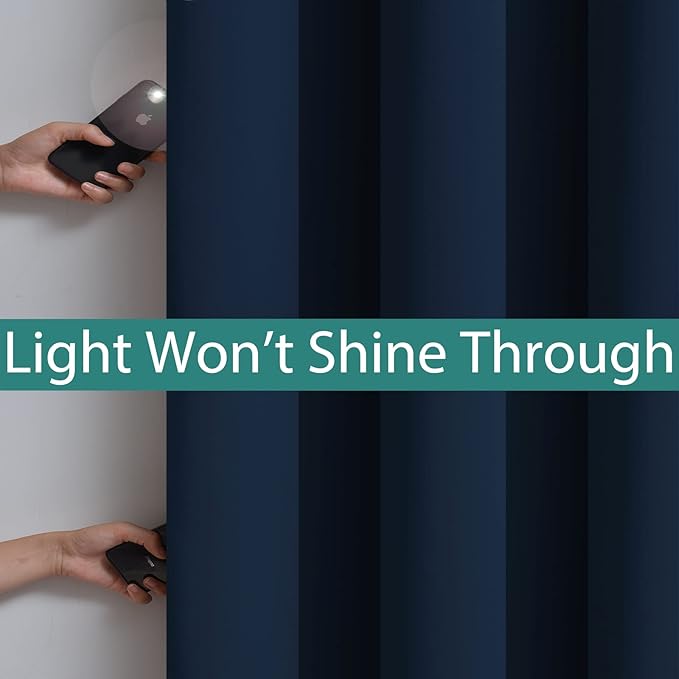 Yakamok 100% Blackout Lined Panels, Room Darkening Thermal Insulated Blackout Curtains for Bedroom, Heat Blocking Drapes for Living Room(62Wx84L, Navy Blue, 2 Panels)