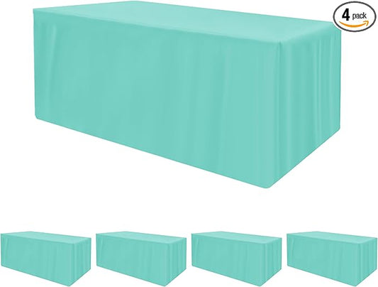 HolidayIdeas Fitted Tablecloths for 4 Foot Rectangle Table, Wrinkle Resistant Washable Table Cover 24x48 Inch for Vendor Booth Display, Banquet, Trade Show, Aqua, 4 Pcs