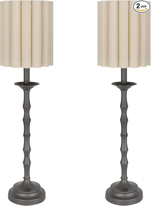 Vintage Brown 28.9'' Tall Scalloped Table Lamp Pack of 2, Rustic/Farmhouse Buffet Lamp, Bamboo Lamp Joint Base, for Living Room Bedside Side Table
