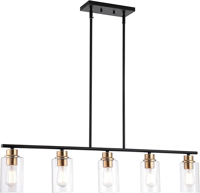 Kitchen Island Light, 5-Light Pendant Lighting, Farmhouse Industrial Dining Room Light Fixtures for Kitchen Island Dining Living Room, Matte Black Gold with Clear Glass Shade