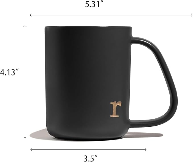 COLLECTIVE HOME - Ergonomic Handle Ceramic Mug, 15 oz Personalized Coffee Cup with Golden Initial, Microwave & Dishwasher Safe, Elegant Monogram Tea Mug in Gift Box for Home & Office (Black-r)