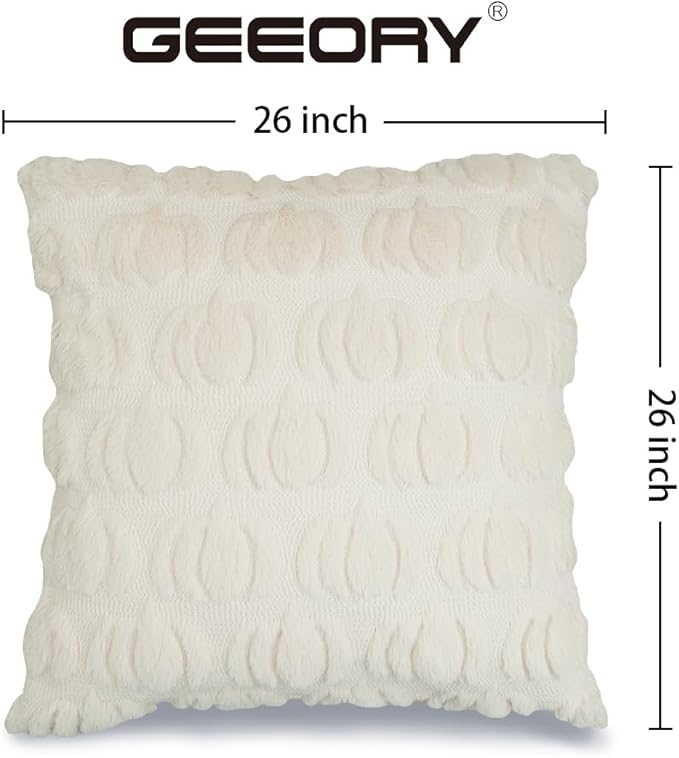GEEORY Beige Fall Pumpkin Throw Pillow Covers, 26x26 Inch (Set of 2), Soft Faux Fur Wool, Farmhouse Style for Autumn Home Sofa Decor GC002-26