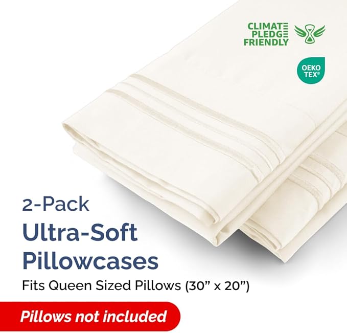 Queen Pillow Cases Set of 2 - Ultra Soft Hotel Quality Pillowcase Covers - Comfy, Cozy & Wrinkle Free - Shrinkage, Stain & Fade Resistant - Machine Washable Pillow Protectors - 2 Piece Set - Off White