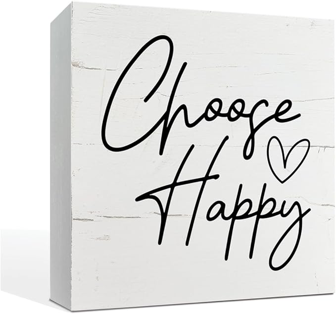 Choose Happy Sign, Inspirational Wood Sign, 5.7x5.7in, White, Rustic, Tabletop Decor, Indoor/Office/Home Gift