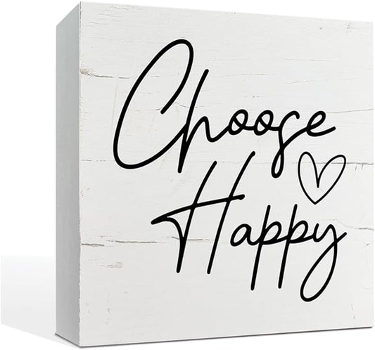 Choose Happy Sign, Inspirational Wood Sign, 5.7x5.7in, White, Rustic, Tabletop Decor, Indoor/Office/Home Gift