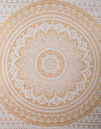 RAJRANG Large Mandala Tapestry for Bedroom and Living Room Decor Boho Bohemian Wall Hanging Cotton Tapestries (Golden and White, Ombre, 90x108 Inch, King Size)