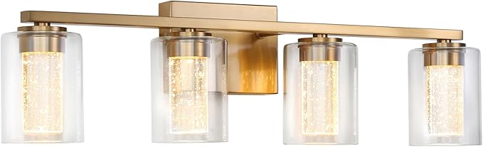 4-Light Gold Bathroom Vanity Light Fixture, Dimmable 5CCT Brushed Brass Bathroom Lights, 2700K-6500K Modern LED Wall Sconce Over Mirror with Clear Glass and Crystal Bubble