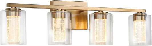 4-Light Gold Bathroom Vanity Light Fixture, Dimmable 5CCT Brushed Brass Bathroom Lights, 2700K-6500K Modern LED Wall Sconce Over Mirror with Clear Glass and Crystal Bubble