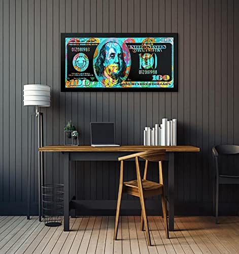 Money Canvas Wall Art - Green Painting Graffiti Dollar Prints Poster 100 Dollar USD Picture Artwork for Home Office Study Room Classroom Living Room Wall Decor Framed 32" Wx16 H