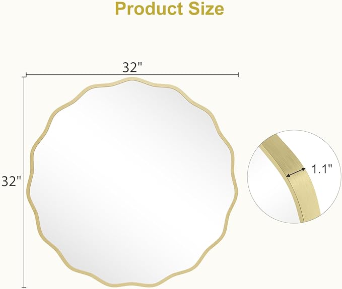 WallBeyond Round Wavy Mirror for Wall Decorative 32 inch, Modern Round Mirror Aluminum Frame for Bathroom Bedroom Living Room Home House Office Entryway, Gold