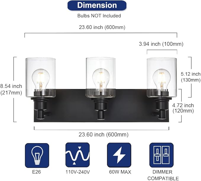 Industrial Wall Sconce Lighting in Matte Black Finish, 3-Light Bathroom Vanity Light Fixtures with Clear Glass Shades (E26 Bulb Base)