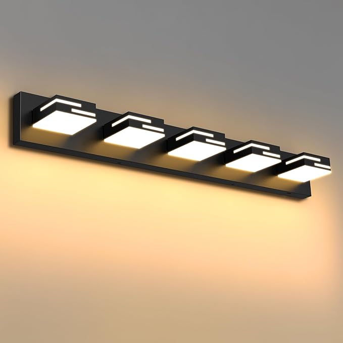 LED Modern Bathroom Vanity Light Fixtures 5-Light 5CCT Dimmable Matte Black Vanity Lights for Bathroom Lighting Fixtures Over Mirror, with 350° Rotatable Acrylic Heads, 34-inch