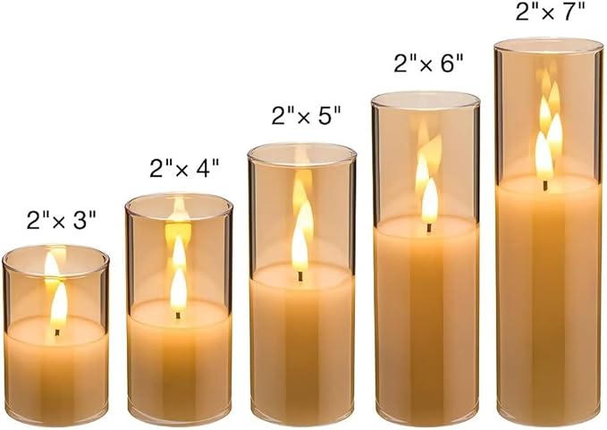 Eywamage 5 Pack Gold Glass Flameless Candles with Remote, Flickering Slim Tall LED Pillar Votive Candles Battery Included