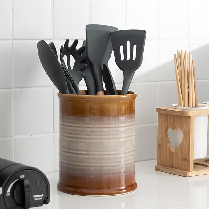 Nihow Kitchen Utensil Holder: 7.2 Inch Extra Large Ceramic Utensil Holder for Countertop - Stable Utensil Crock for Kitchen Counter Decor - Elegant Brown (1PC)