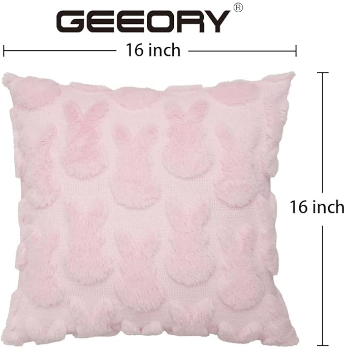 GEEORY Easter Bunny Soft Plush Pillow Covers, 16 x 16 Inch Set of 2, Fluffy Faux Fur Wool Decorative Farmhouse Cushion Case for Sofa Home Decoration Pink GC015-16