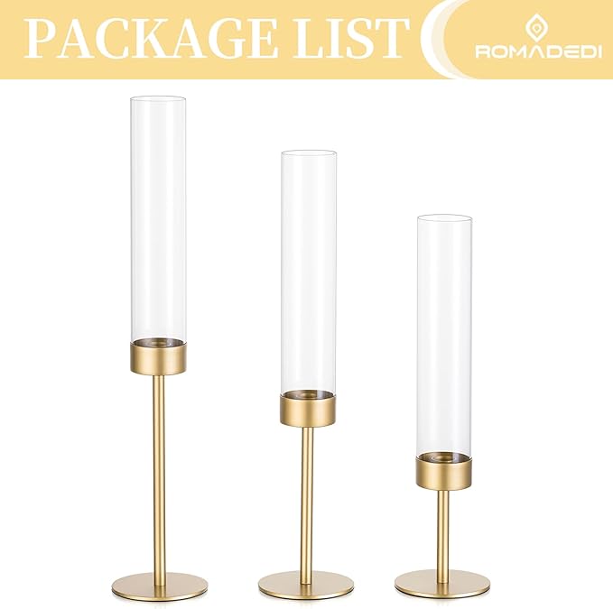Glass Hurricane Candlestick Holders Gold - Romadedi Taper Candle Holder Tall Clear Glass Cylinder Table Centerpiece Wedding Decor Party Birthday Christmas Home Decorations Set of 3