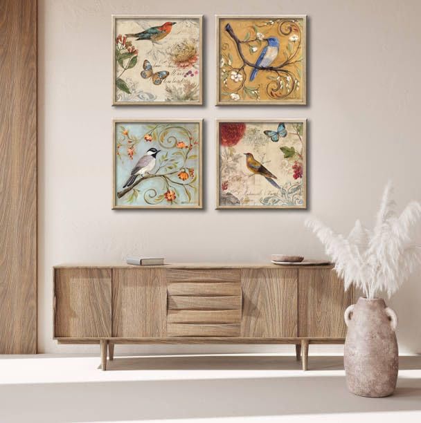 Framed Flowers Birds Canvas Wall Art for Bedroom Floral Wall Decor Butterfly Picture Artwork Vintage Prints Paintings for Bathroom Kitchen Decorations 12"x12"