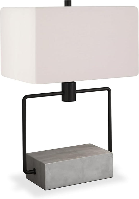 Henn&Hart 22'' Modern 1-Light Table Lamp with White Fabric Rectangle Shade for Living Room, Bedroom, or Office, Concrete/Blackened Bronze