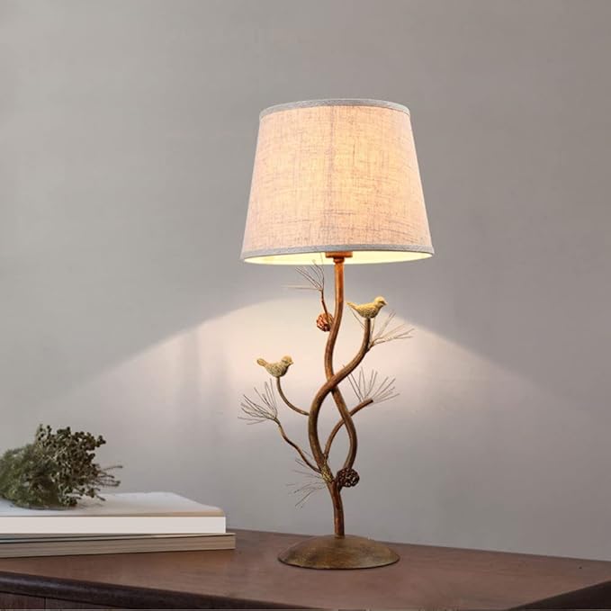 Meefad Classy Bird Table Lamp, Cute Bedside Lamps with Linen Shade, Metal Nightstand Lamp, Branches Decorative Desk Lamp for Bedroom Living Room, Home Office
