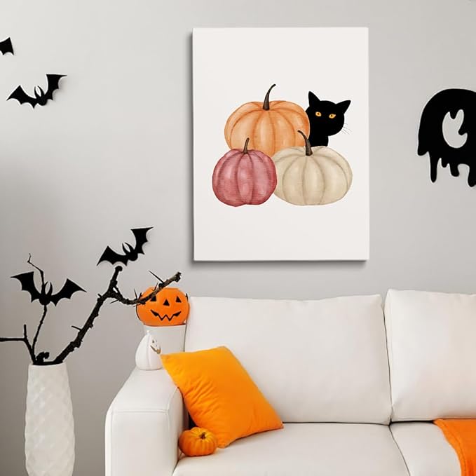 Framed Autumn Canvas Print Wall Art Cat Halloween Print posters Halloween Poster Fall Wall Decor Rustic Home Wall Decoration 16x24 framed